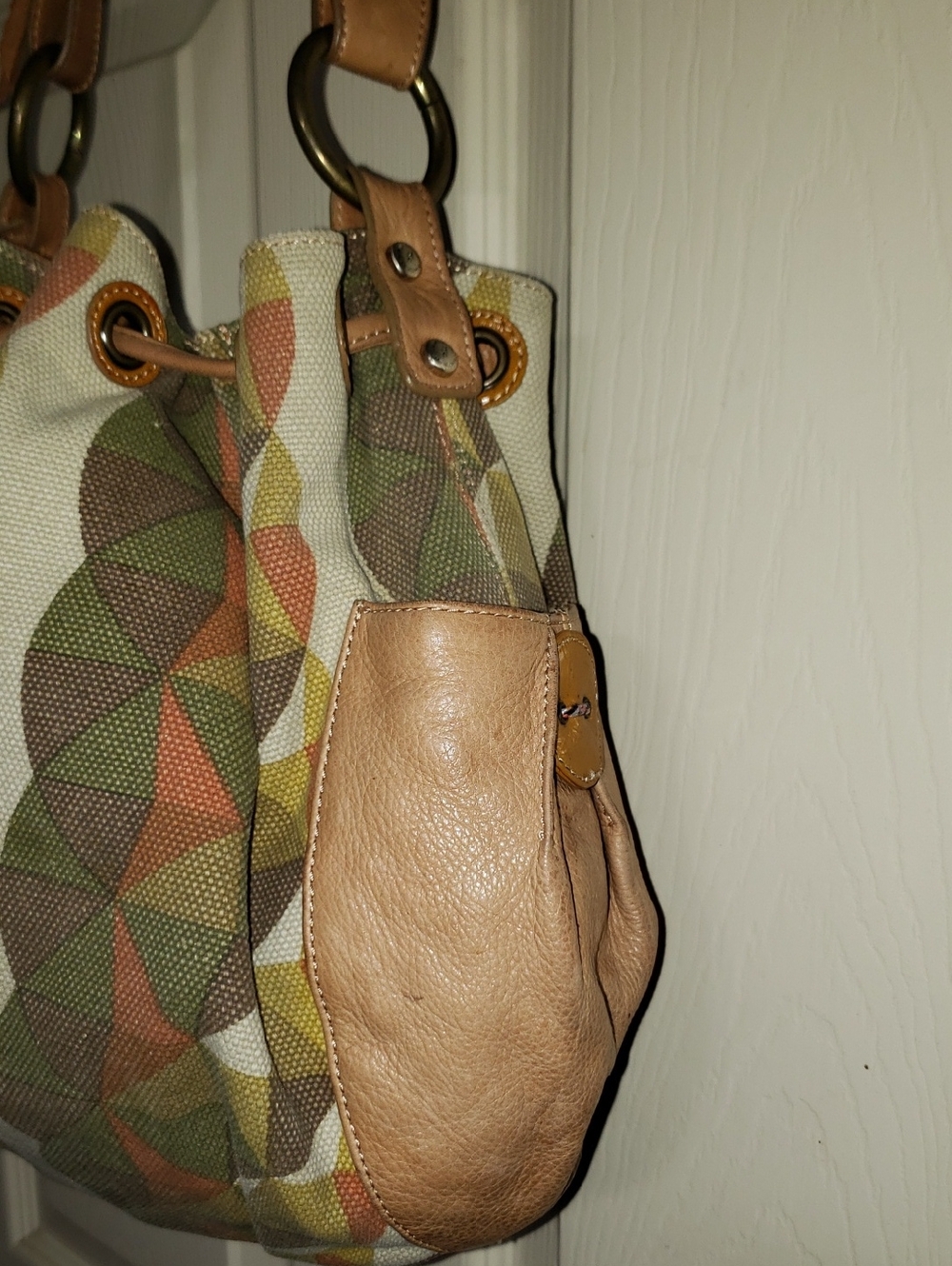 💘🖤💘 HAYDEN HARNETT MULTICOLOR GEOMETRIC PRINT TAN LEATHER HOBO BUCKET BAG - Picture 14 of 15